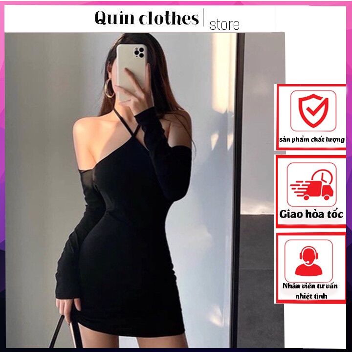 Đầm nữ ôm body cổ yếm thắt dây phối tay dài chất thun gân