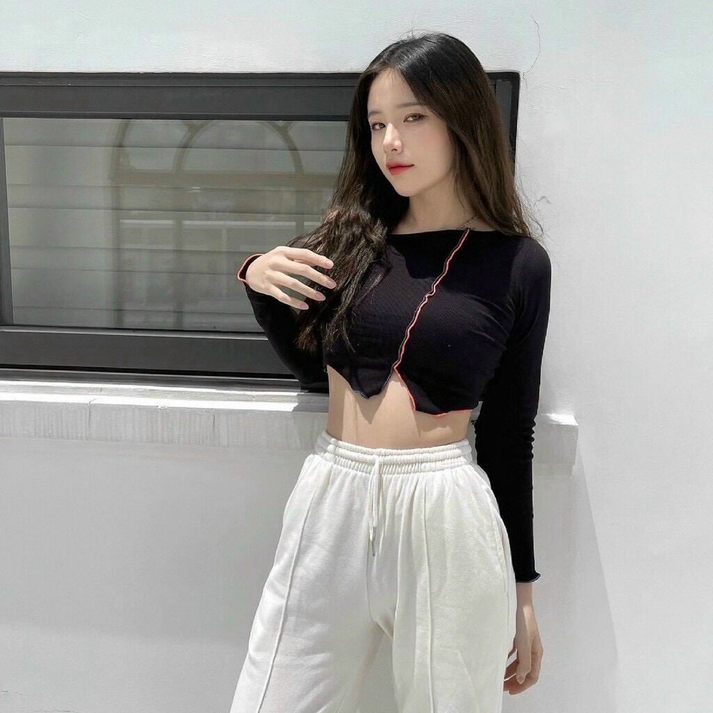 Áo croptop tay dài lệch vai cuốn biên viền màu