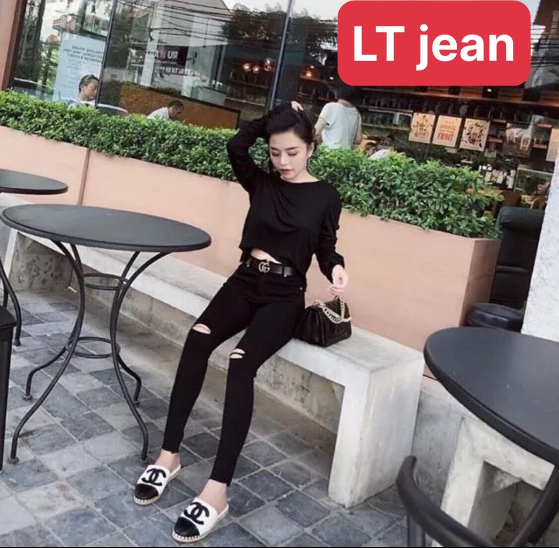 Quần jean nữ đen co size đại·· rách gối 2 bên chất bò co dãn fom nâng mông tôn dáng
