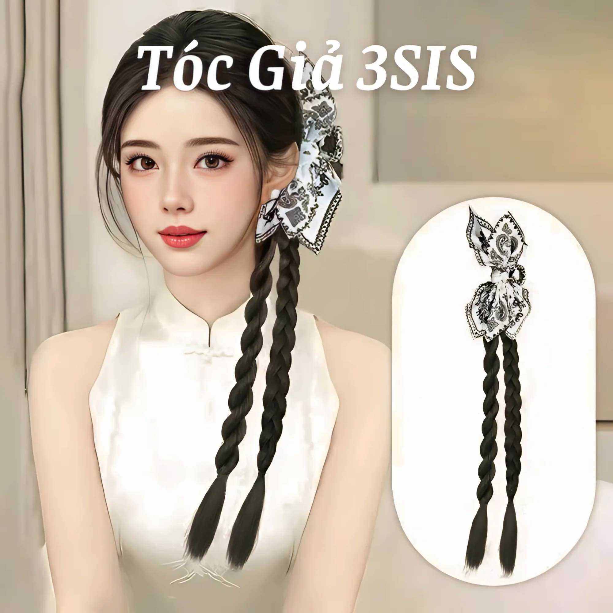 Kẹp tóc giả tết đính kèm nơ hoa văn, ngoặm tóc giả tết mix nơ ruy băng phong cách tiểu thư