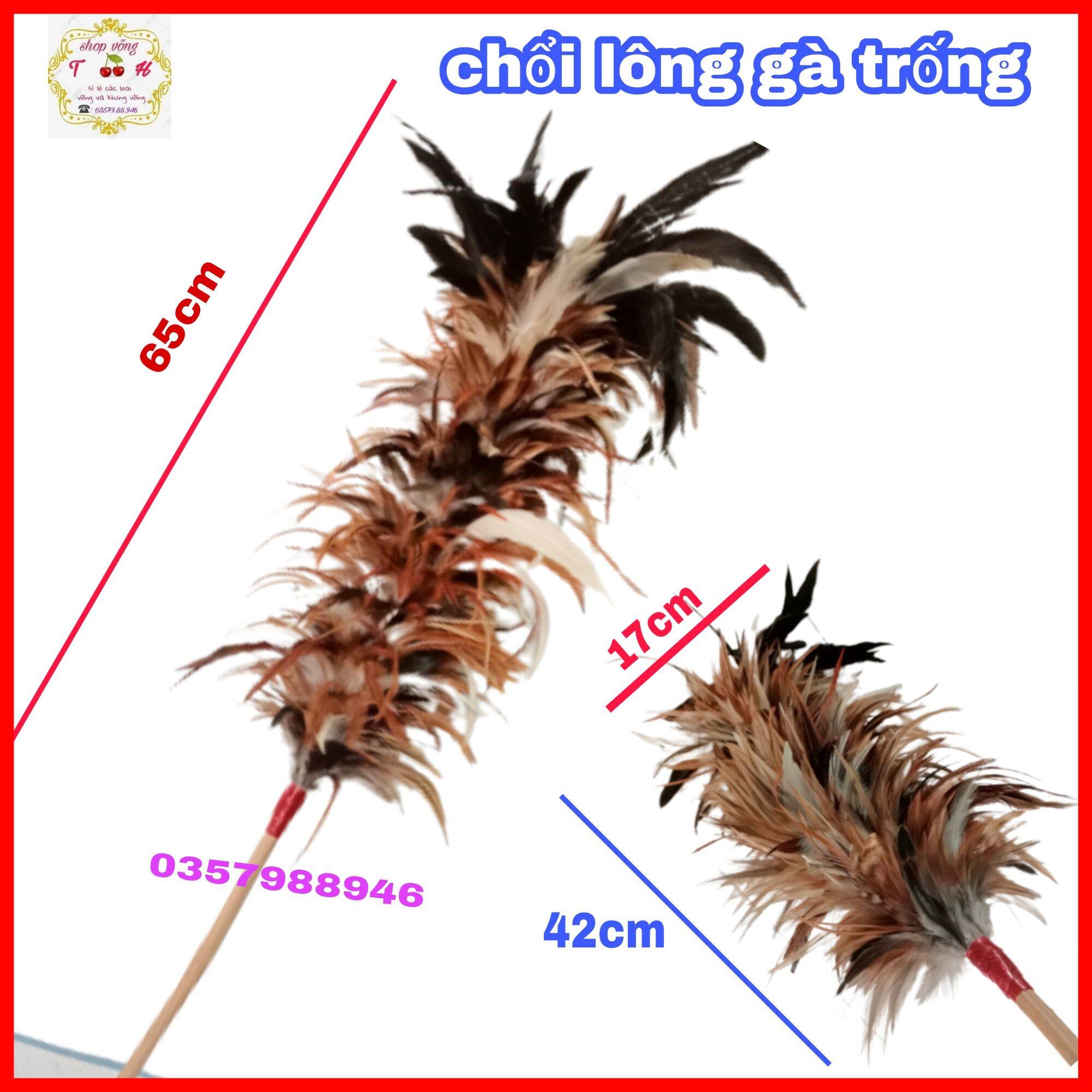 Chổi quét bụi lông gà trống dài 65cm - Chổi phủi bụi lông gà cao cấp