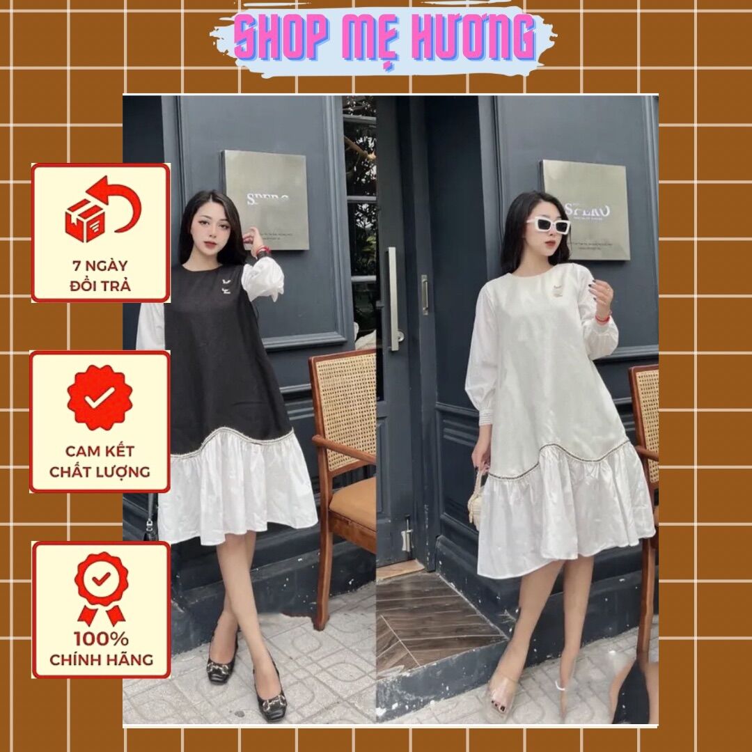 Váy bầu suông dạ phối sơ mi dài tay thu đông dáng đuôi cá xoè 2 màu đen trắng thanh lịch -
