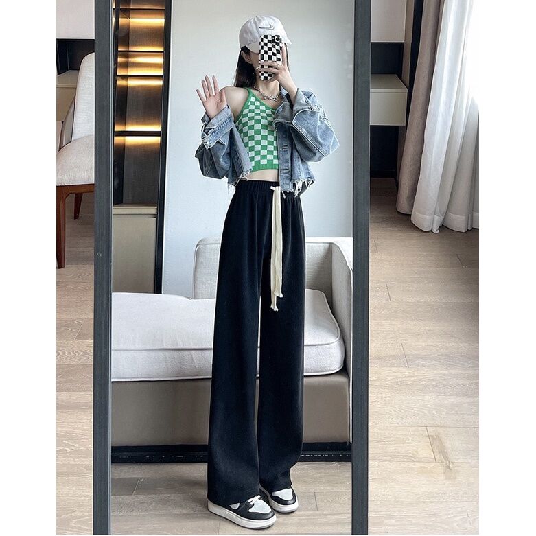 Quần ống rộng thun dây rút bigsize nữ dáng suông vải nỉ nhung len tăm cao cấp lưng cao phong cách ulzzang Hàn Quốc
