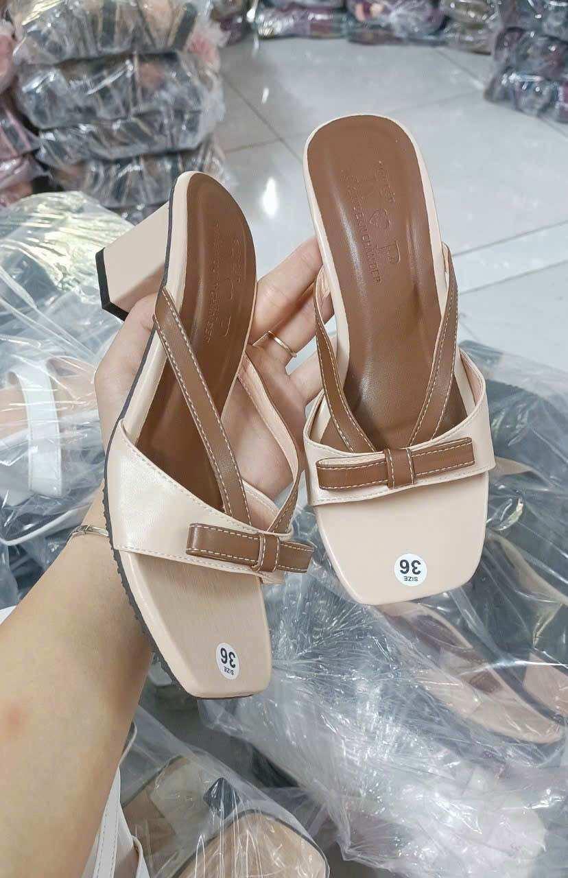 Dép nữ gót vuông đính nơ tiểu thư dễ thương