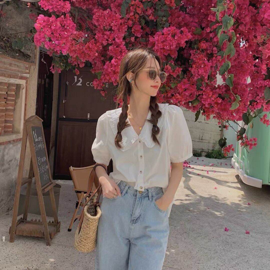 áo sơ mi cổ bèo cộc tay vintage ảnh thật