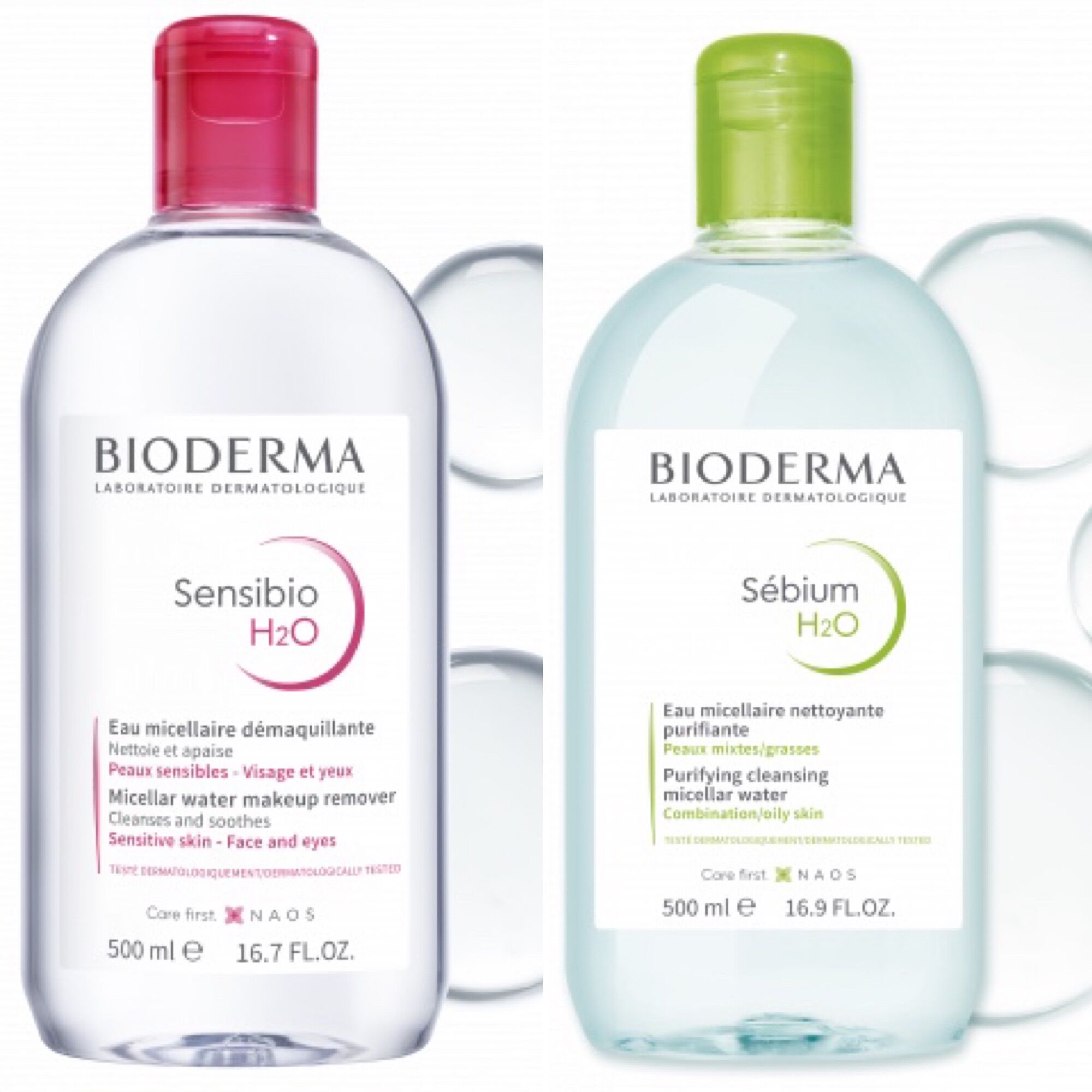 [HÀNG XÁCH TAY] Nước Tẩy Trang Dành Cho Da Nhạy Cảm (hồng) - Da Hỗn Hợp Dầu Mụn (xanh lá) Bioderma Sensibio H2O, 500ml