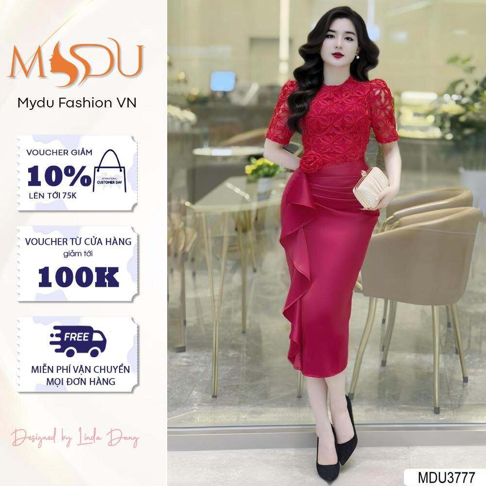 Váy Ren Phối Lụa MDU3777 Dáng Ôm Body Phối Gam Đỏ Vô Cùng Nổi Bật Từ MDU K47-D1-3