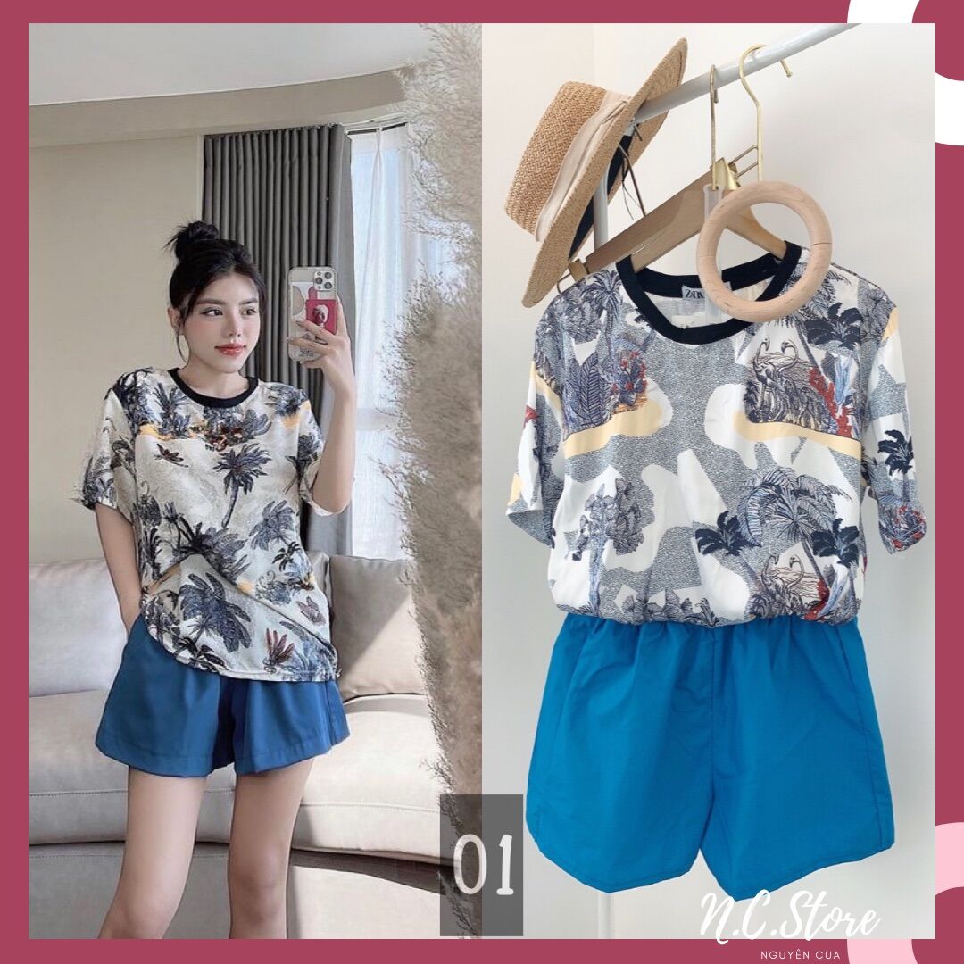 Bộ Ngủ Lụa Cổ Tròn Mặc Nhà Áo Lụa + Quần Sooc Sang Chảnh