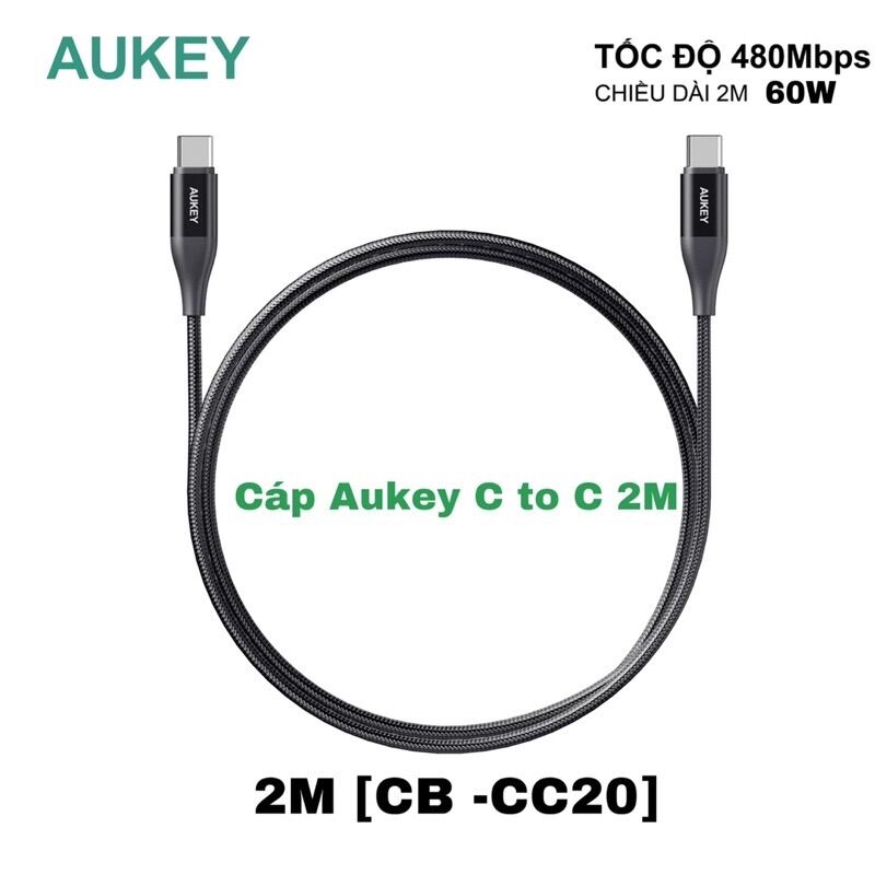 Cáp aukey type c to c 2m hỗ trợ sạc pd 60w cáp c to c aukey 2 mét cb cc20