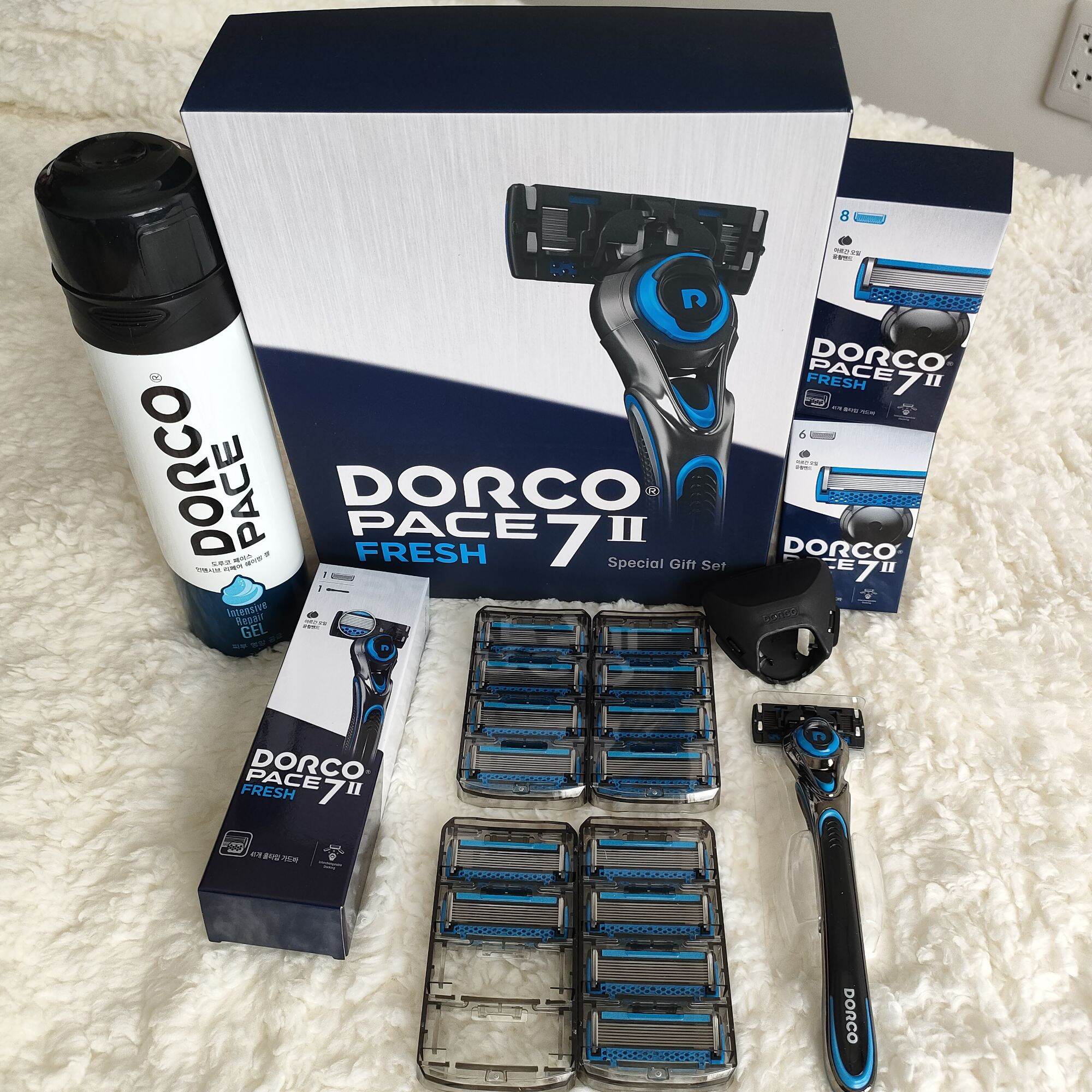 [Nội địa Hàn]✓Bộ dao cạo râu 7 lưỡi DORCO PACE 7 II Fresh(1dao cạo râu kèm lưỡi+14 đầu dao thay thế+1 chai bọt cạo râu 210ml)