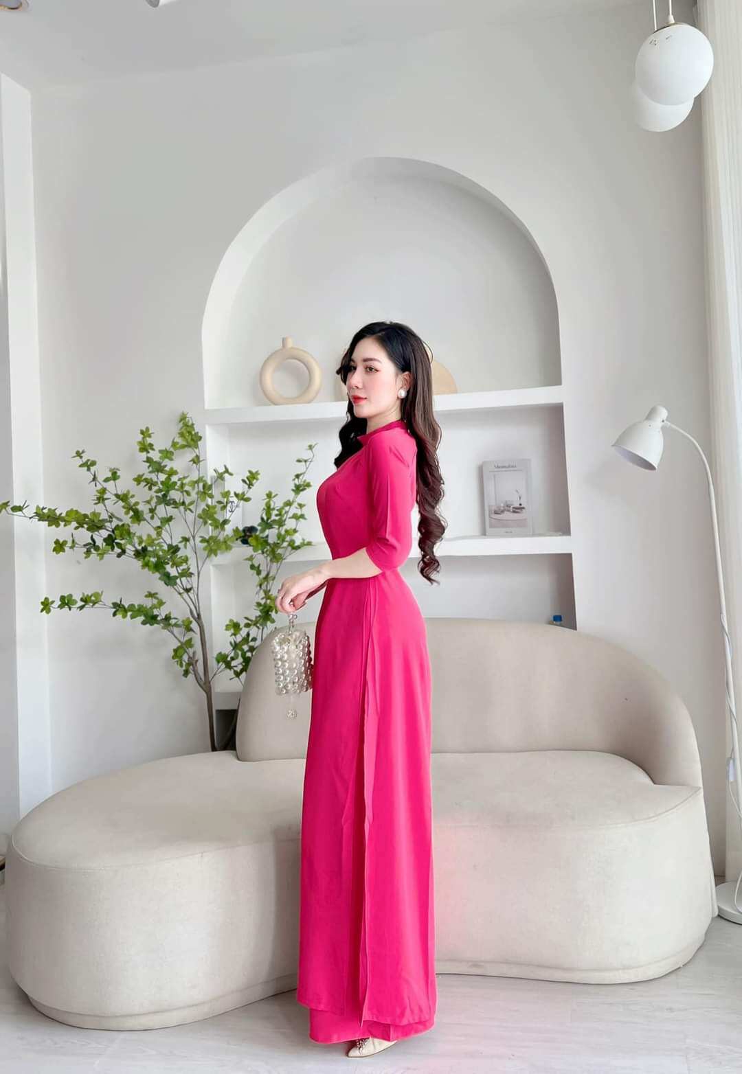 Áo dài trơn may sẵn hồng sen