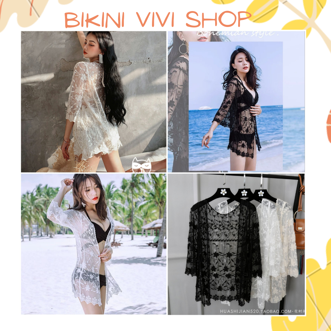 Áo choàng đi biển, áo khoác ren Quảng Châu 2 màu trắng, kem Vivi Shop [Hàng sẵn có]