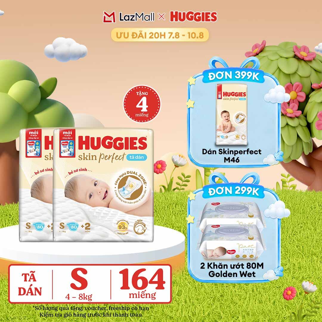 [20h 7-10.8 QUÀ TẶNG ĐƠN 0Đ] Combo 2 Tã/Bỉm dán sơ sinh Huggies Skin Perfect S80 - 80 miếng