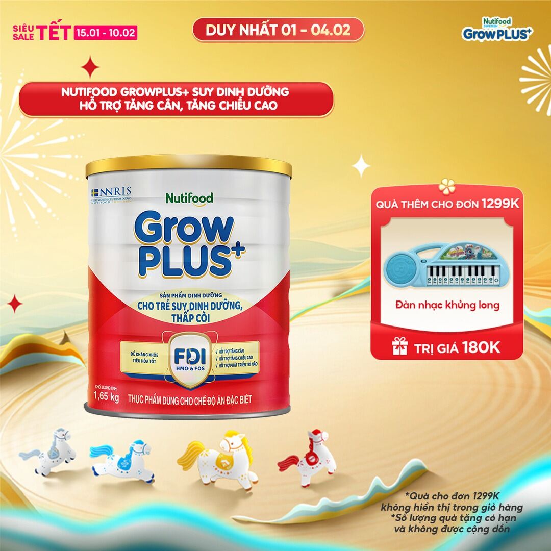 Sữa bột Nutifood GrowPLUS+ Suy Dinh Dưỡng (Đỏ)  - Hỗ Trợ Tăng Cân Tăng Chiều Cao (Lon 165 Kg)