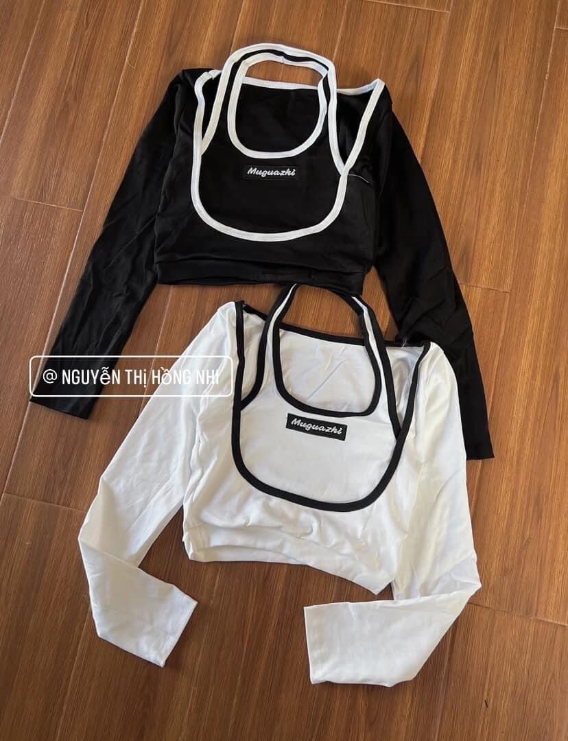 Áo croptop gân tay dài giả yếm thêu chữ
