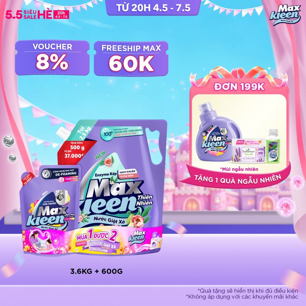 Combo Nước giặt xả MaxKleen Hương Thiên Nhiên Vườn Hoa Thanh Khiết: 1 Túi 3.6kg + 1 Túi 600g