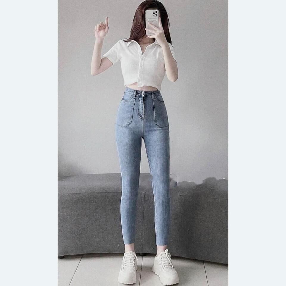 quần jean nữ co dãn cạp lưng cao 2 nút túi nổi