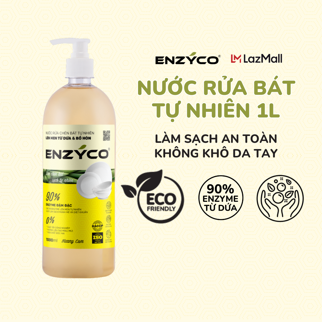 Nước rửa bát sinh học ENZYCO - 90% Enzyme từ dứa giúp làm sạch mạnh mẽ, diệt khuẩn, bảo vệ da tay, phù hợp người viêm da cơ địa - Hương cam