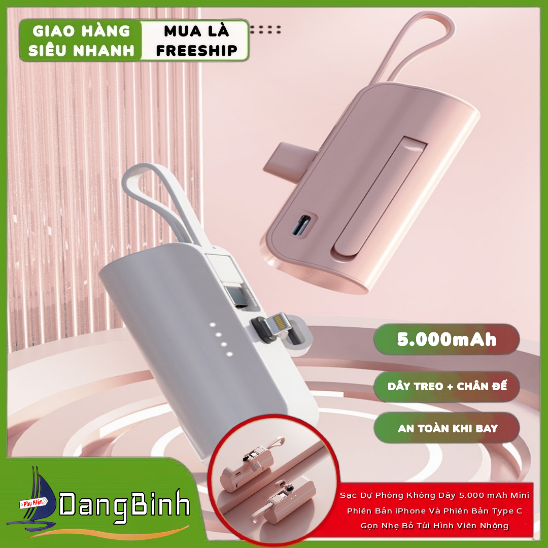 Sạc dự phòng mini không dây 5.000 mah phiên bản iphone và phiên bản type c gọn nhẹ bỏ túi hình viên nhộng