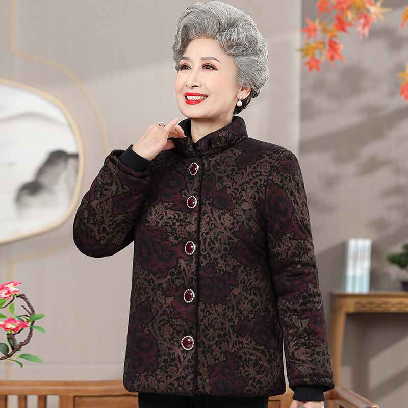 Áo Khoác Cotton Dày Có Cổ Đứng Cho Bà Ngoại Mùa Đông Áo Khoác Ngoài Cotton Cài Nút Dáng Rộng Dài Thư