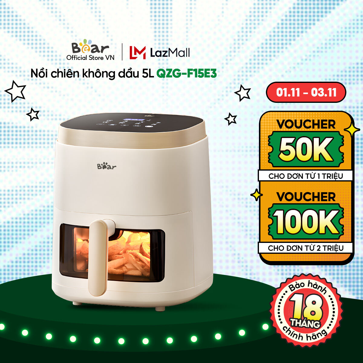 Nồi chiên không dầu Bear QZG-F15E3 5L, Trắng - Dung lượng lớn, an toàn và tiện lợi