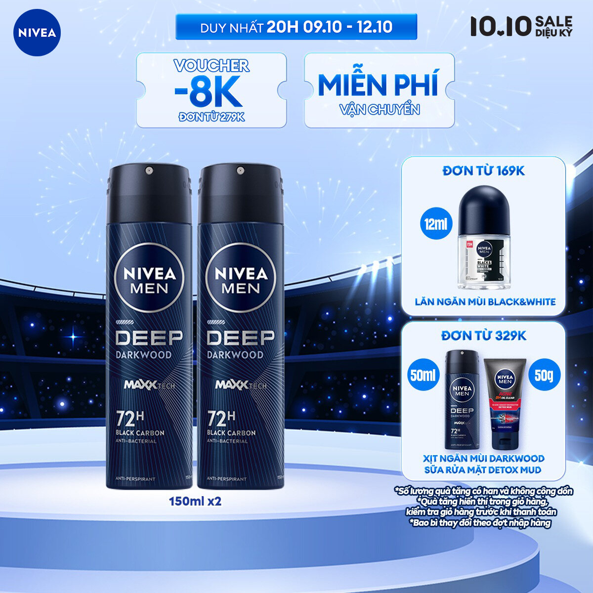 Bộ 2 Xịt Ngăn Mùi NIVEA MEN Deep Than Đen Hoạt Tính (150 ml) - 80027x2