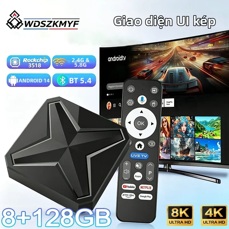 Hộp Giải Mã Truyền Hình Thông Minh Android 14 4K 8K, Hỗ Trợ Phát Trực Tuyến Đa Phương Tiện, 8GB+128GB, WiFi 6, Bluetooth 5.4, Trợ Lý Giọng Nói Google Cho Nhà Thông Minh