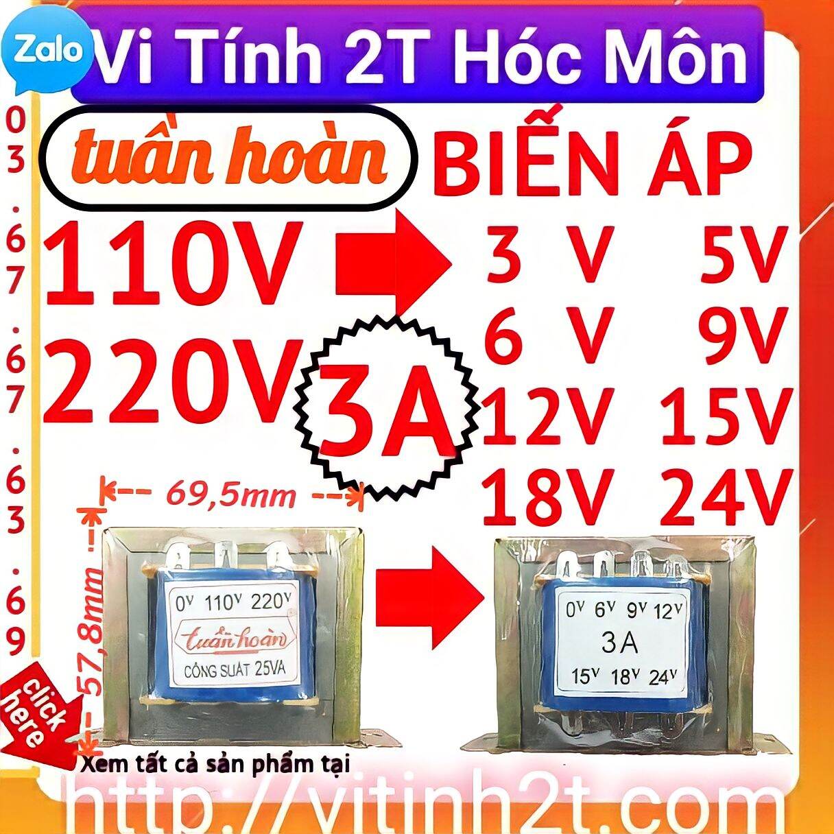Biến áp 3a nhiều đầu ra 0v-3v-6v-9v-12v-15v 18v 24v- tuần hoàn
