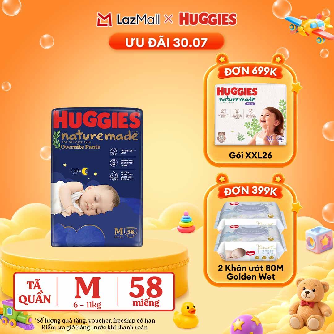 [30.7 QUÀ TẶNG ĐƠN 399K] Tã quần Huggies Naturemade ban đêm M58