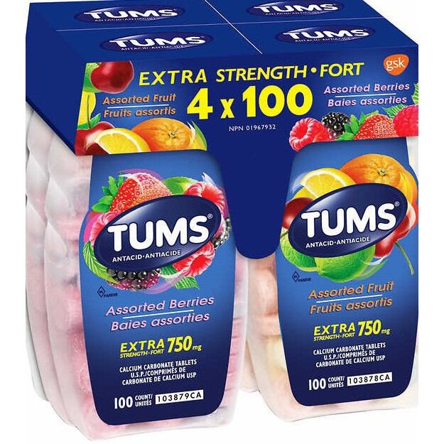 Kẹo nhai giúp hỗ trợ tiêu hóa Tums Extra Strength 100 viên vị trái cây. Hạn sử dụng 2027