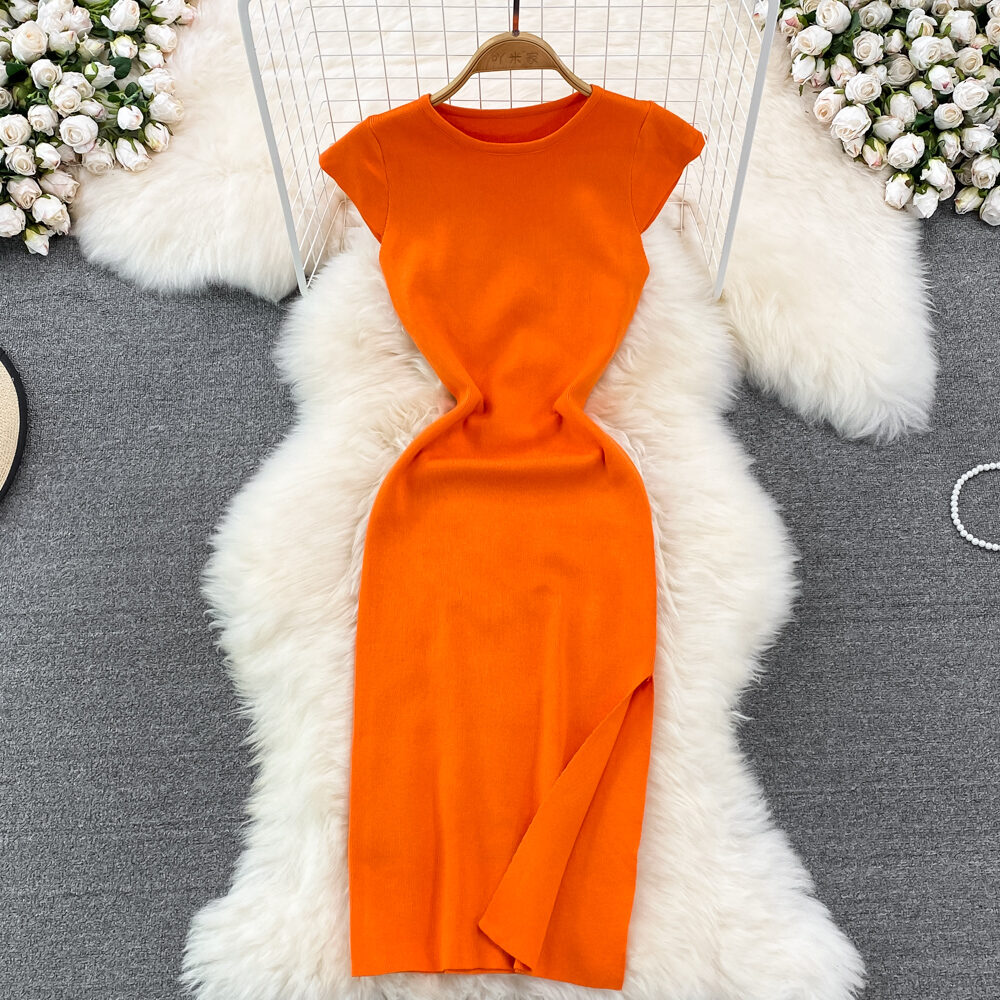 Váy Liền Ôm Mông Dệt Kim Xẻ Tà Mẫu Dài Vừa Tôn Dáng Gầy Ôm Sát Tay Bay Cổ Tròn Nữ Tính Phong Cách Hàn Quốc Mùa Hè 2023