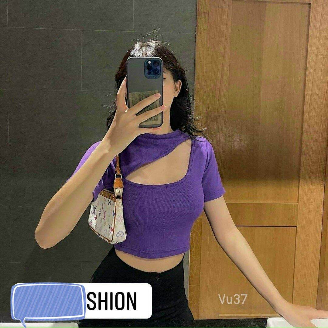 ÁO Thun Gân Khoét Ngực Croptop