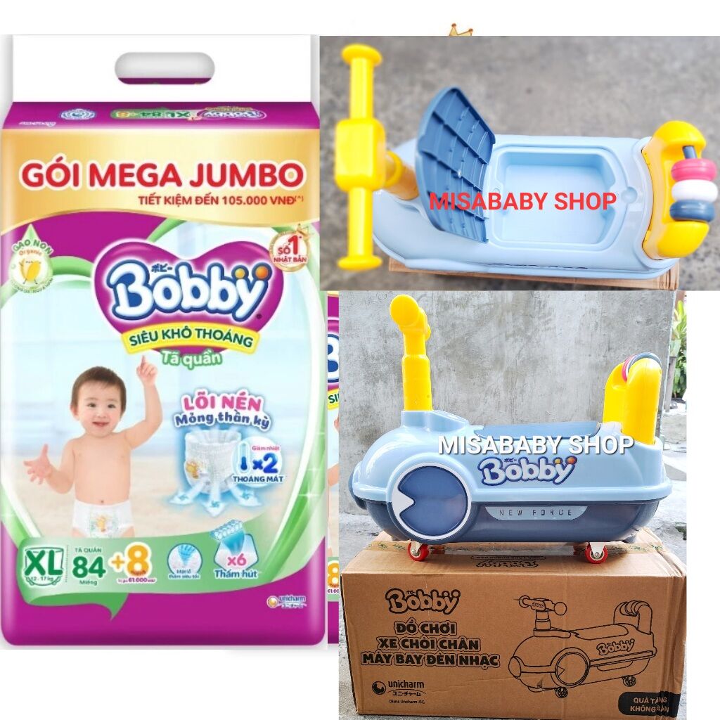 Kèm xe ôto chòi chân đèn nhạc. tã quần bobby mega jumbo đủ size m120.l96.xl84.xxl76. lõi nén thần kỳ gạo non. chính hãng