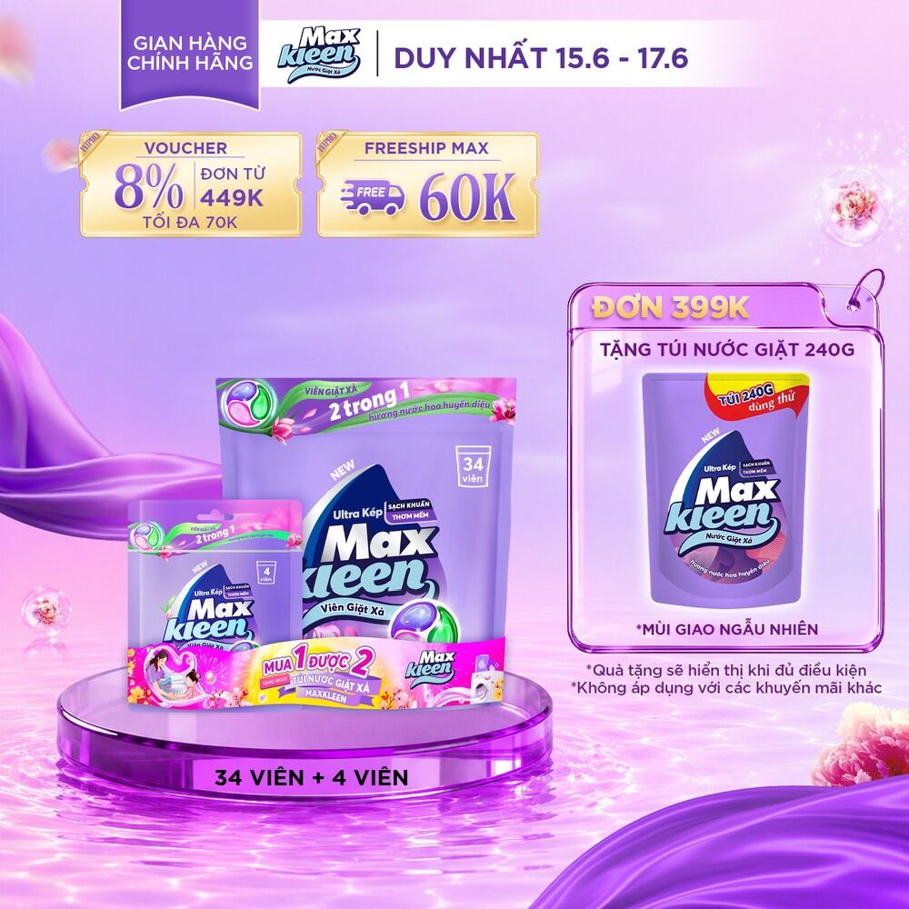 [TĂNG 4 VIÊN, GIÁ KHÔNG ĐỔI] Túi Viên Giặt Xả MaxKleen Hương Nước Hoa Huyền Diệu (Túi 34+4 Viên)