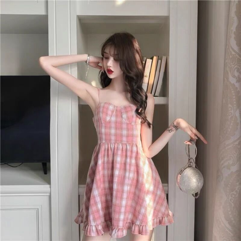Đầm Caro  Hồng 2 Dây Có Mút Ngực