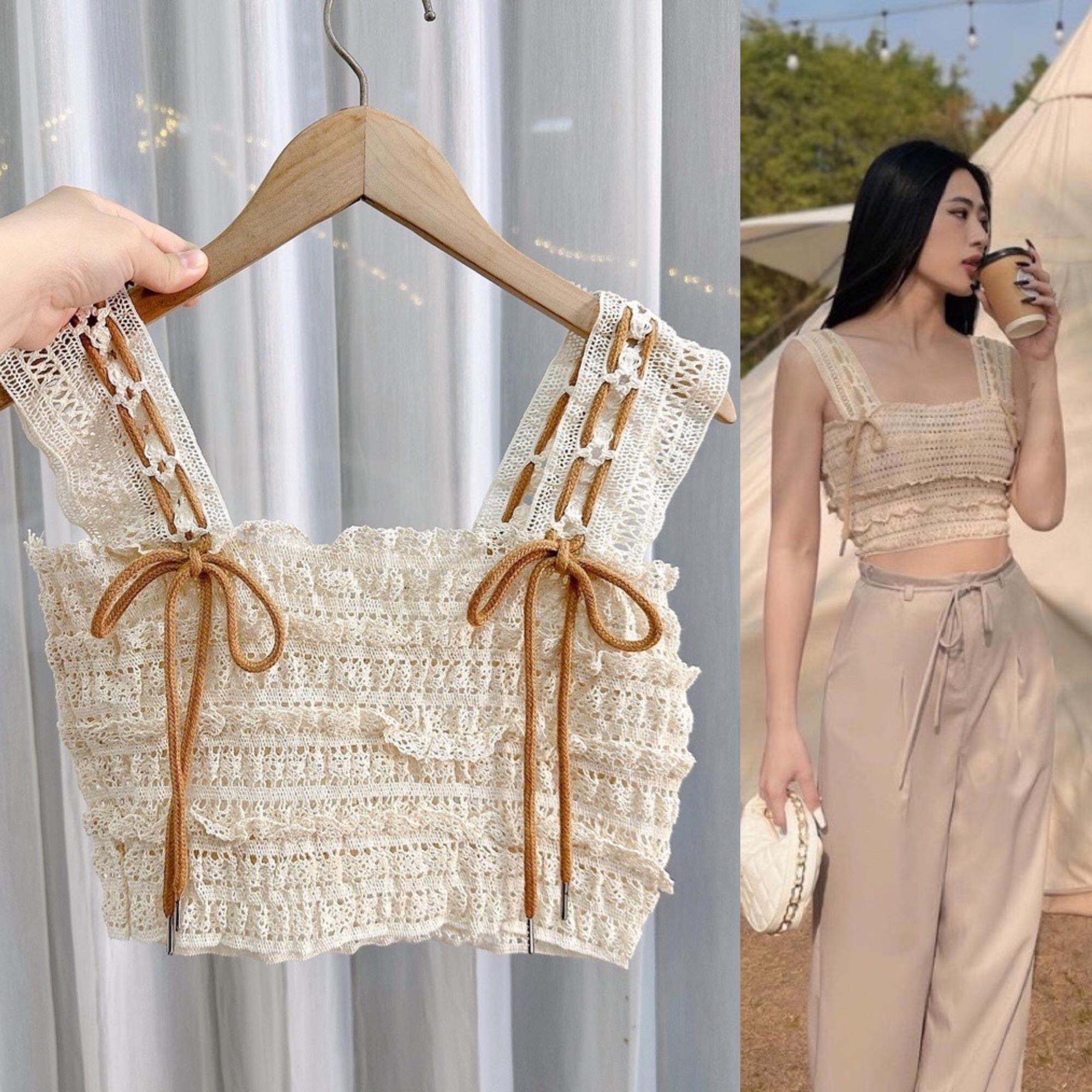 Áo hai dây dáng croptop chất len đan Quảng Châu - Lumii