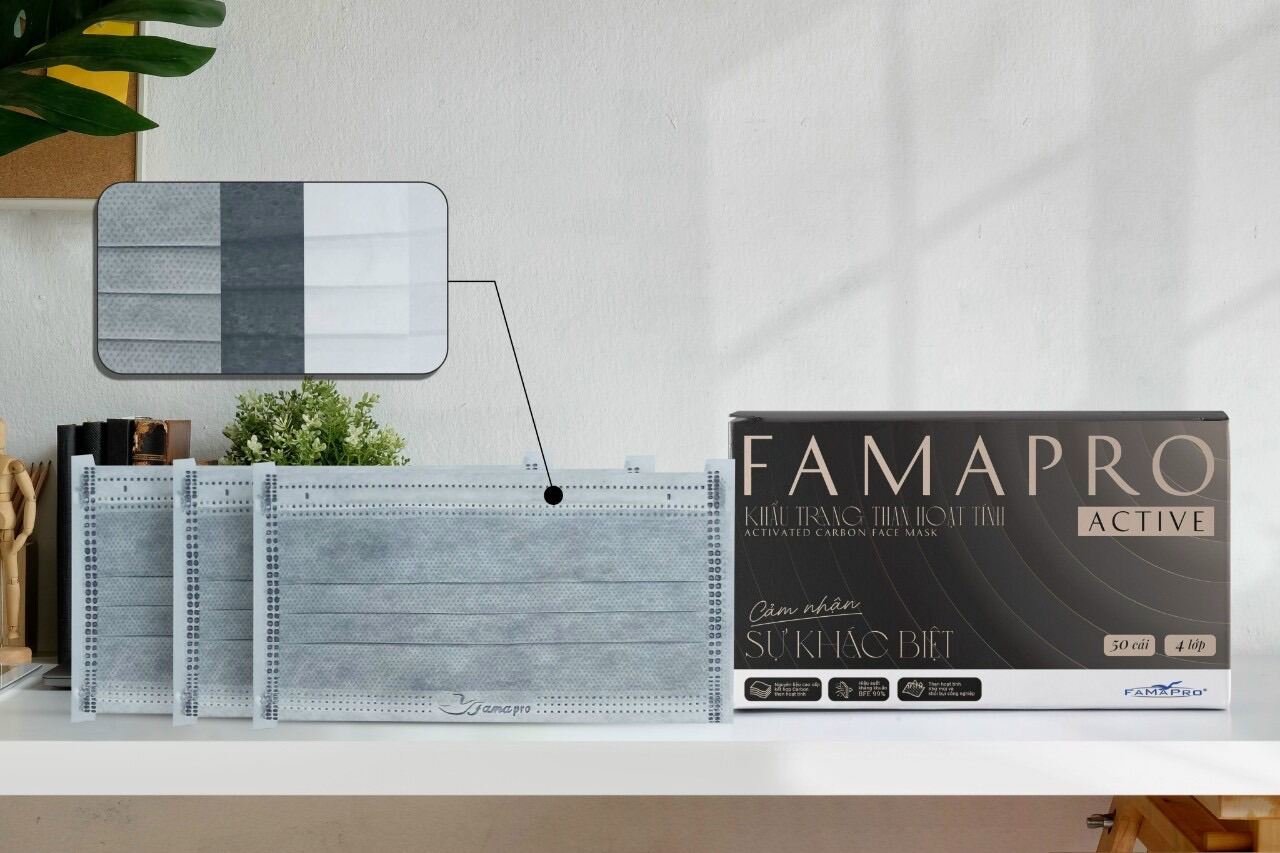 Khẩu trang y tế Famapro 4 lớp giấy kháng khuẩn Active cao cấp hàng công ty Nam Anh hộp 50 chiếc