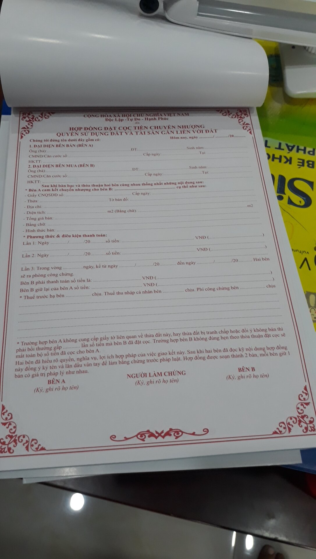 SỔ ĐẶT CỌC MUA BÁN NHÀ ĐẤT 2 LIÊN