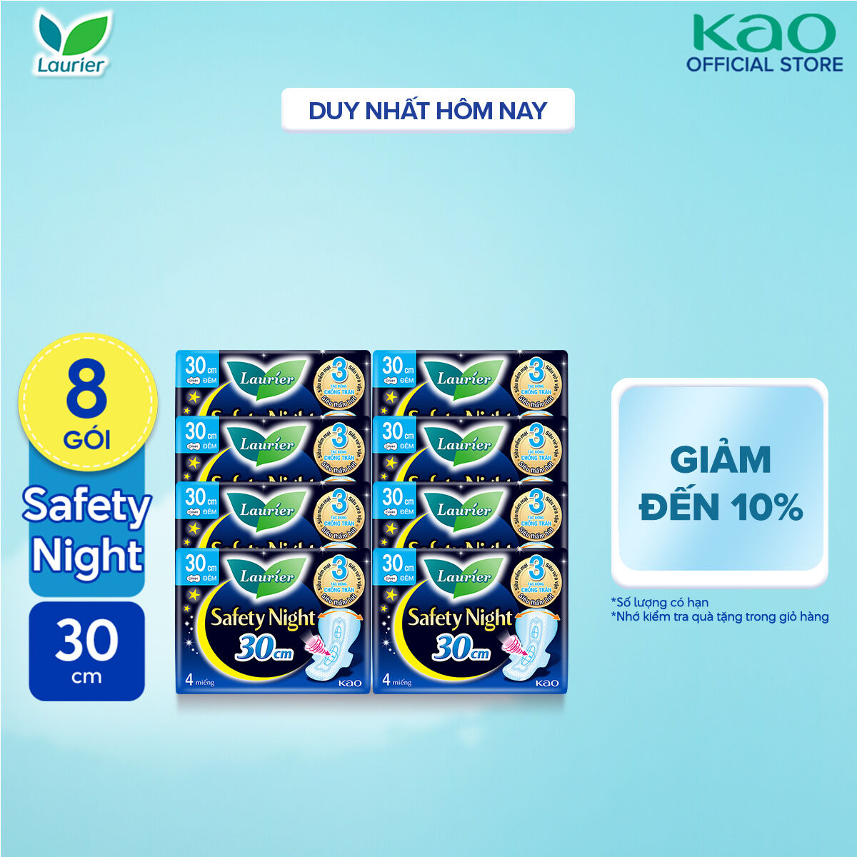 Combo 8 gói Băng vệ sinh Laurier Safety Night Đêm Siêu An Toàn 30cm 4 miếng