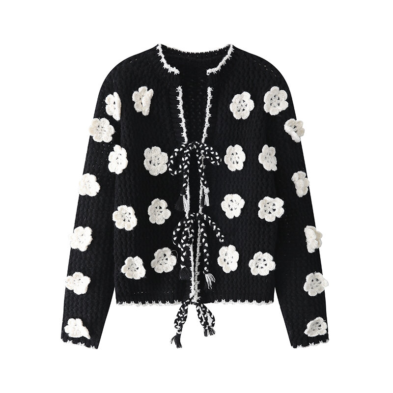 Áo Len Cardigan Dệt Kim Cổ Chữ V Dài Tay Màu Đen Trắng Cho Nữ Mùa Thu Đông Áo Len Dệt Kim Cổ Chữ V Á