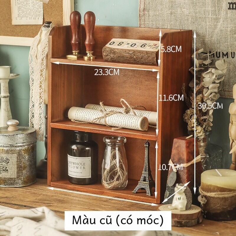 Retro Gỗ Để Bàn Tổ Chức Hộp Zakka Phong Cách Bàn Làm Việc Văn Phòng Đựng Mỹ Phẩm Treo Tường Treo Kệ 