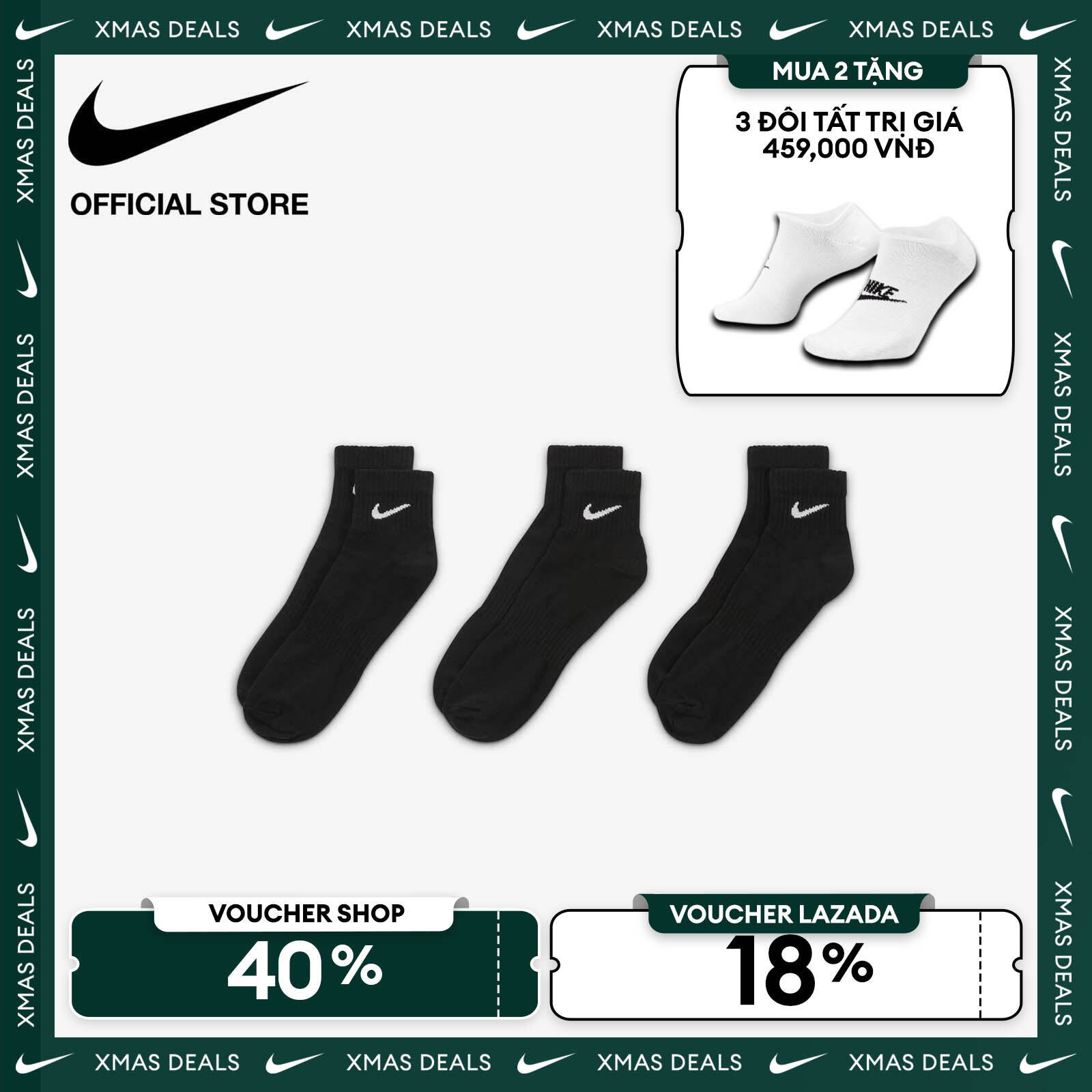   VOUCHER 40% + MUA 2 TẶNG VỚ  Tất Cổ Cao Nike Everyday Lightweight Training Crew Socks  3 Pairs  - Black 