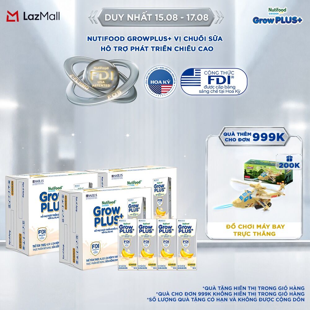 Combo 3 Thùng 24 hộp Sữa bột pha sẵn Nutifood Sweden GrowPLUS+ Vị Chuối Sữa hộp 180ml - Hỗ trợ phát triển chiều cao