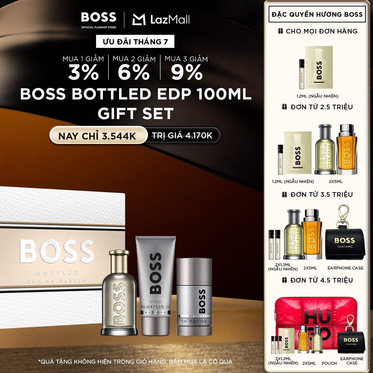 Set nước hoa Nam BOSS Bottled EDP 100ml + Sữa Tắm 100ml + Xịt khử mùi 75ml
