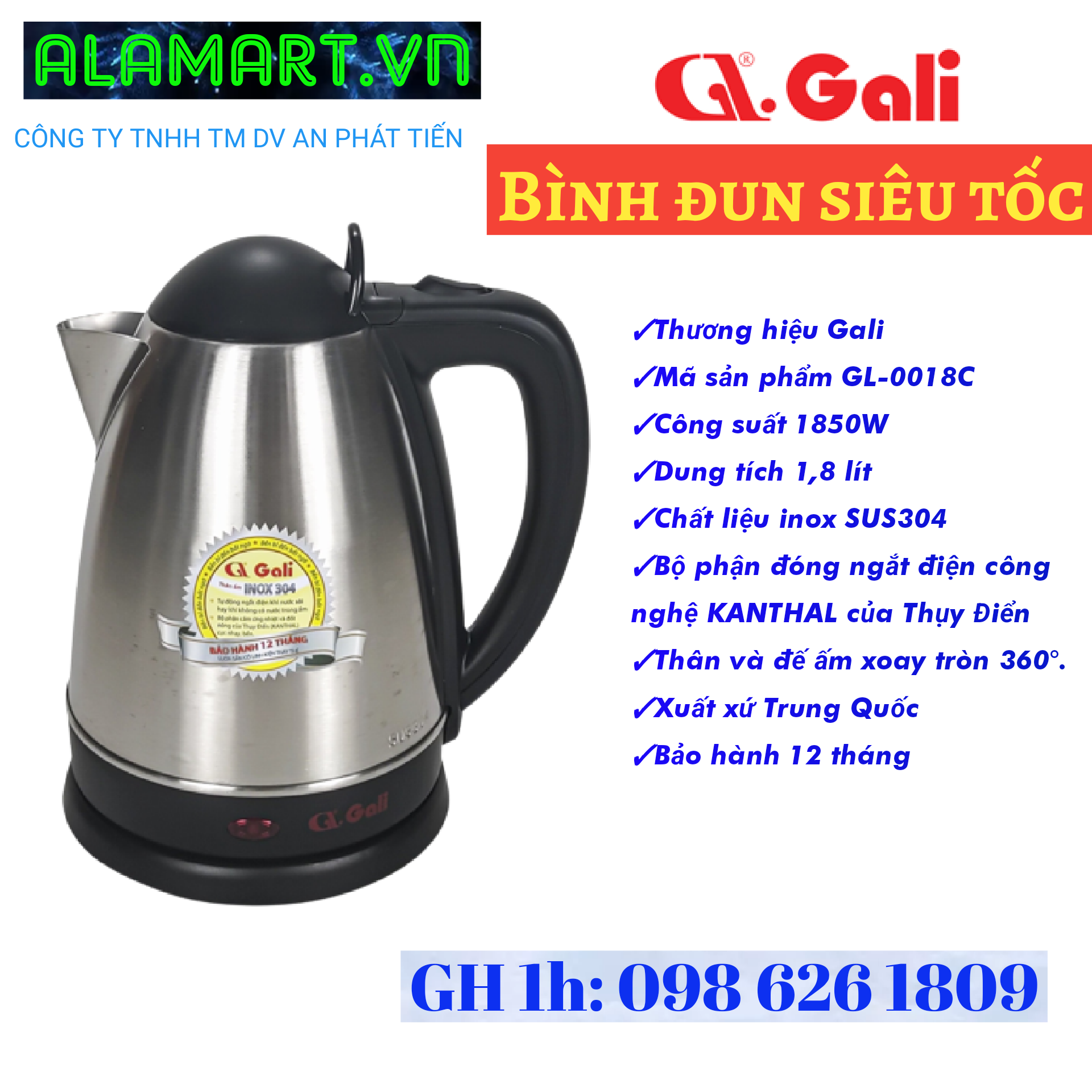 Ấm đun siêu tốc gali gl-0018c 1,8 lít