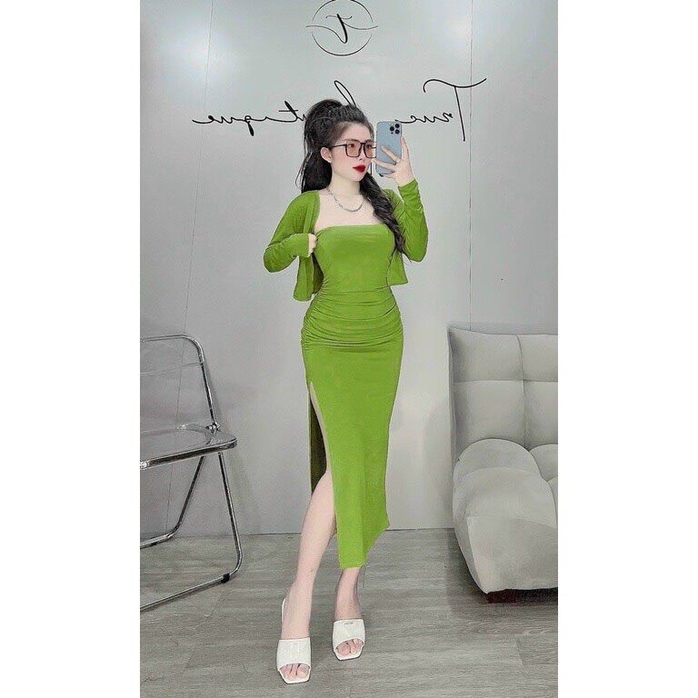 SÉT ĐẦM THUN GÂN XẺ KÈM ÁO KHOÁC DBD77