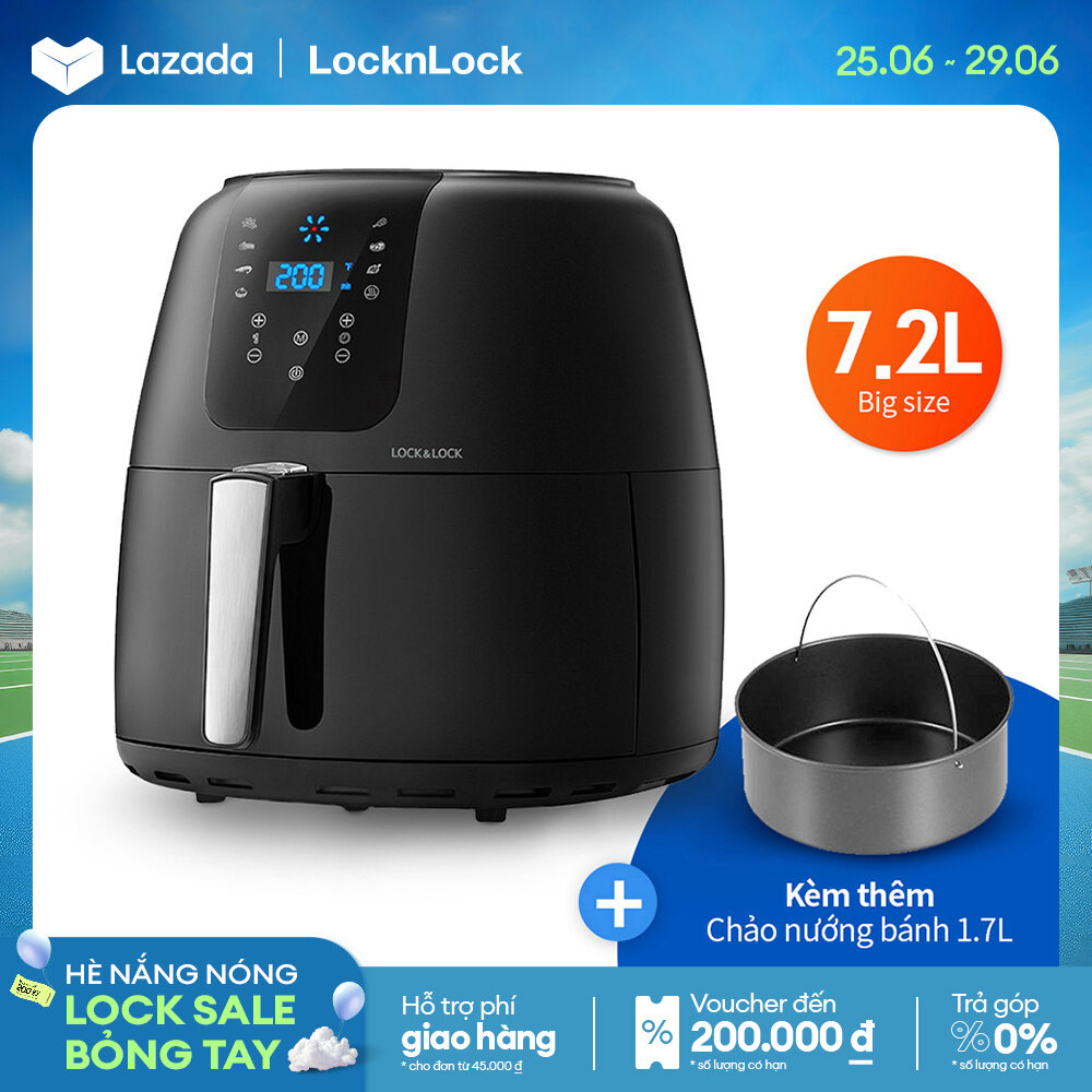 EJF296BLK - Nồi chiên không dầu Lock&Lock Super Jumbo 7.2L - 7 chế độ nấu, Tỏa nhiệt đối lưu 360, Tặng kèm khay bánh - Bảo hành 2 năm