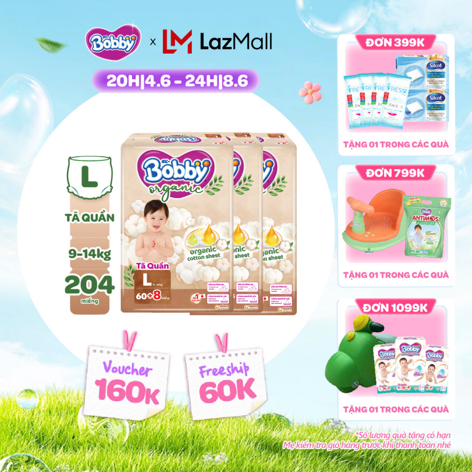 [QUÀ TẶNG HẤP DẪN TỪ 9-10.6][COMBO 3] [TẶNG KÈM 8 MIẾNG] Tã quần cao cấp Bobby Organic chăm sóc dịu nhẹ từ thiên nhiên L60
