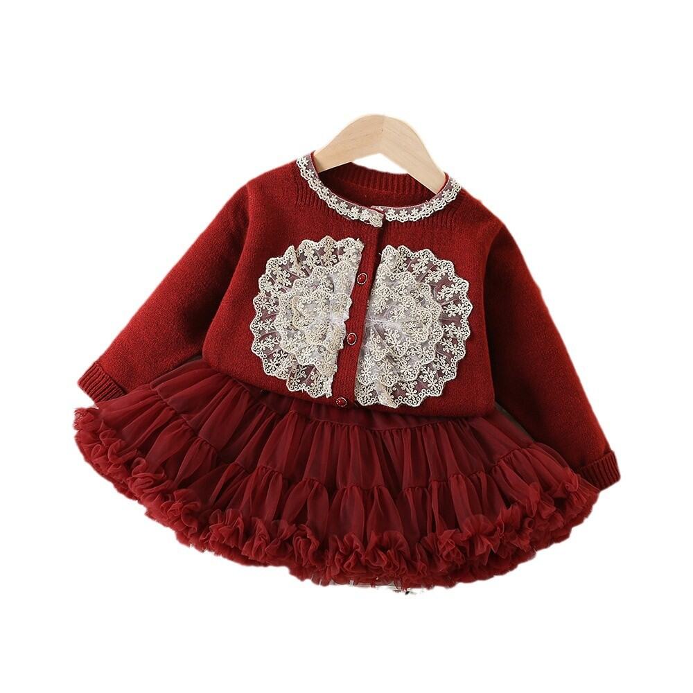 Red Celebration Knitted Cardigan Mesh Puffy Skirt Children's Clothing Special Offer Baby Bé Gái's Fe