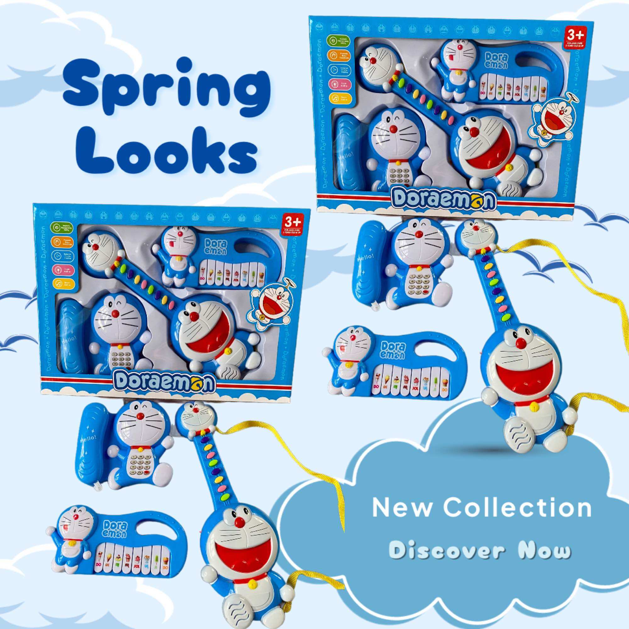 Sét 3 món đồ chơi âm nhạc cho bé hình doremon đáng yêu. đàn ghita, đàn organ, điện thoại doraemon